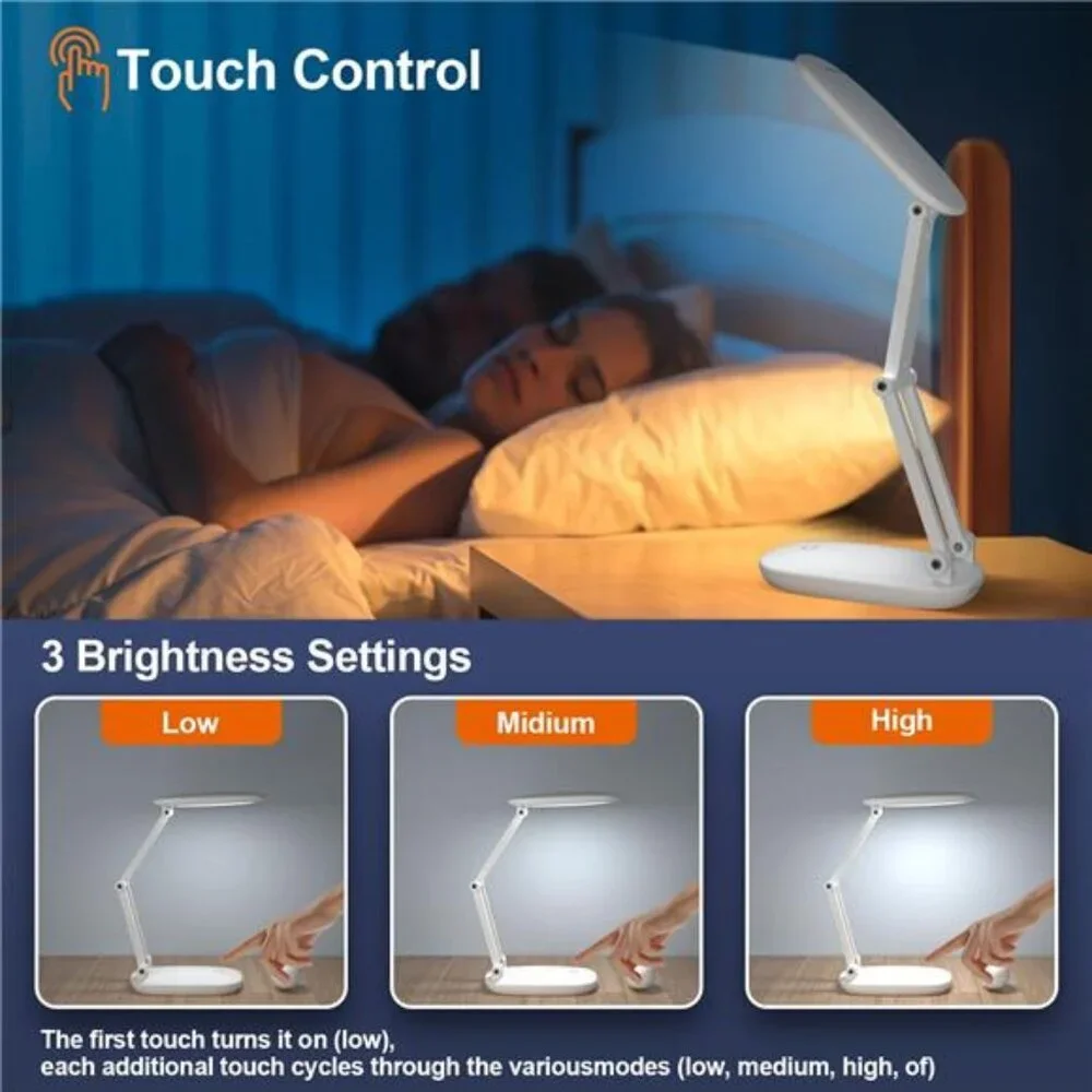 Portable LED Desk Lamp Rechargeable Battery Operated Foldable Dimmable White